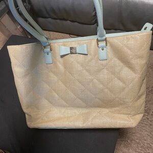 Kate Spade Tan and Light Blue Tote Bag with Bow Detail